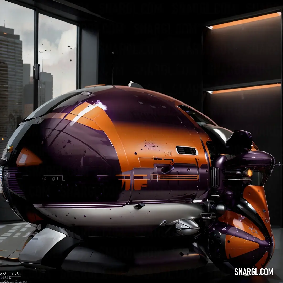 Futuristic looking vehicle with a city in the background and a window in the foreground