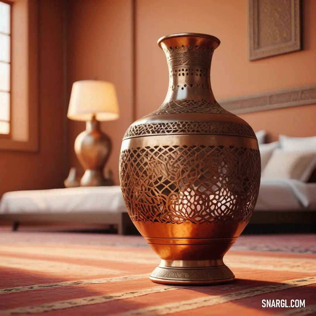 Large vase on top of a wooden floor next to a bed in a room with a window. Color #BB6528.