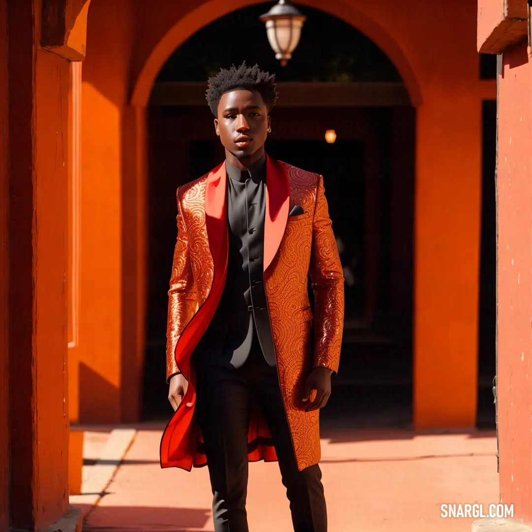 Man in a red coat and black shirt is walking down a sidewalk