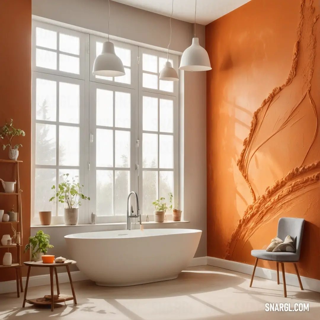 Ruddy brown color example: Bathroom with a large tub and a window with a view of the outside of the room and a chair