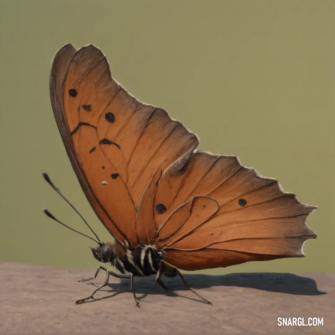 Butterfly with a striped body and wings on a rock with a green background. Example of Ruddy brown color.