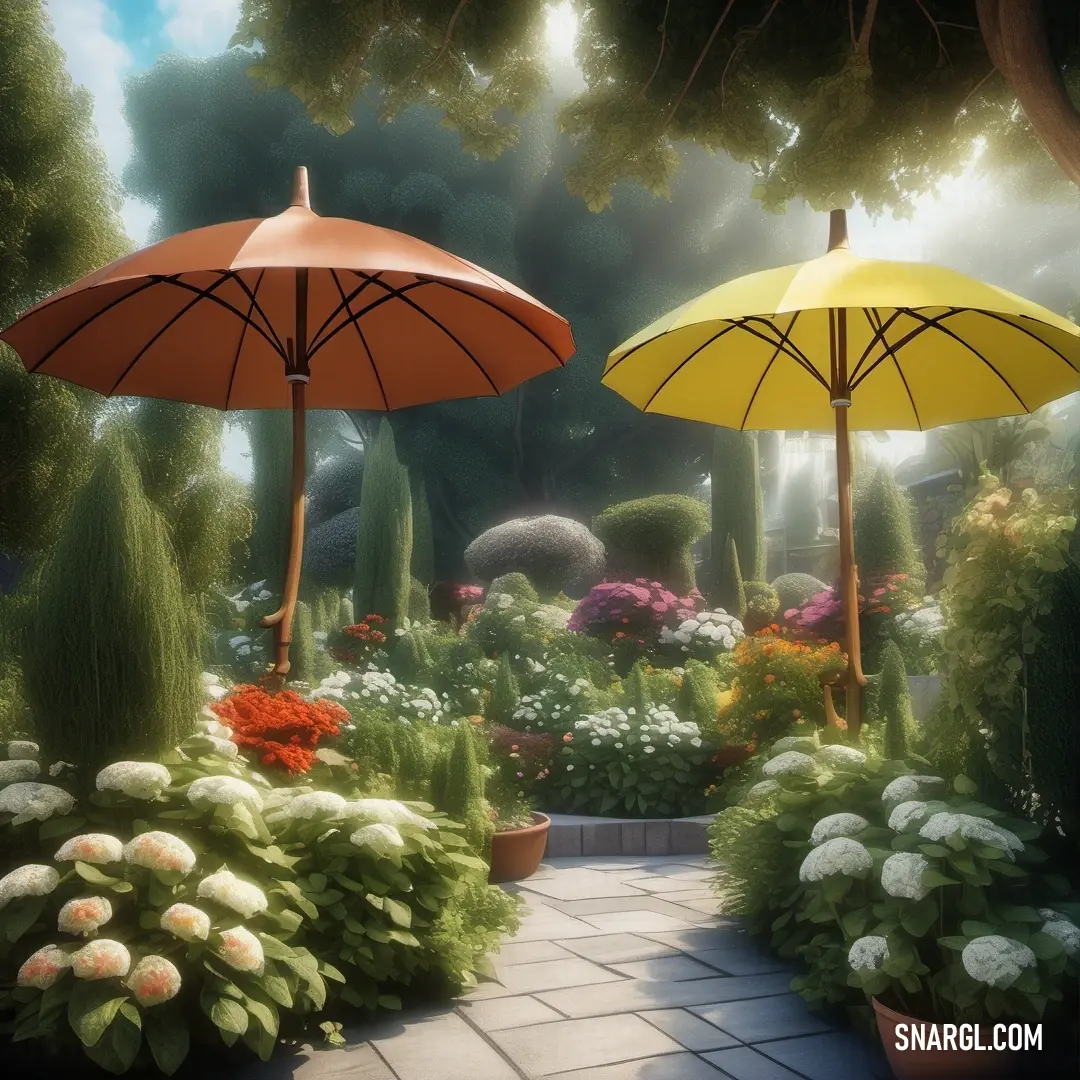 Garden with flowers and two umbrellas in the middle of it. Example of CMYK 0,46,79,27 color.