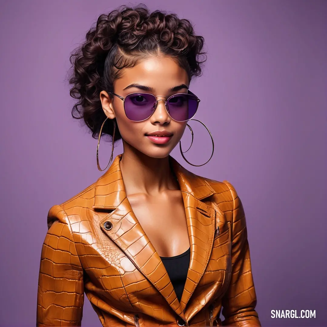 Woman wearing a brown jacket and purple sunglasses. Color Ruddy brown.
