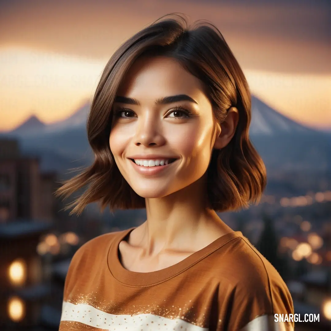 Woman with a smile on her face and a city in the background. Example of Ruddy brown color.