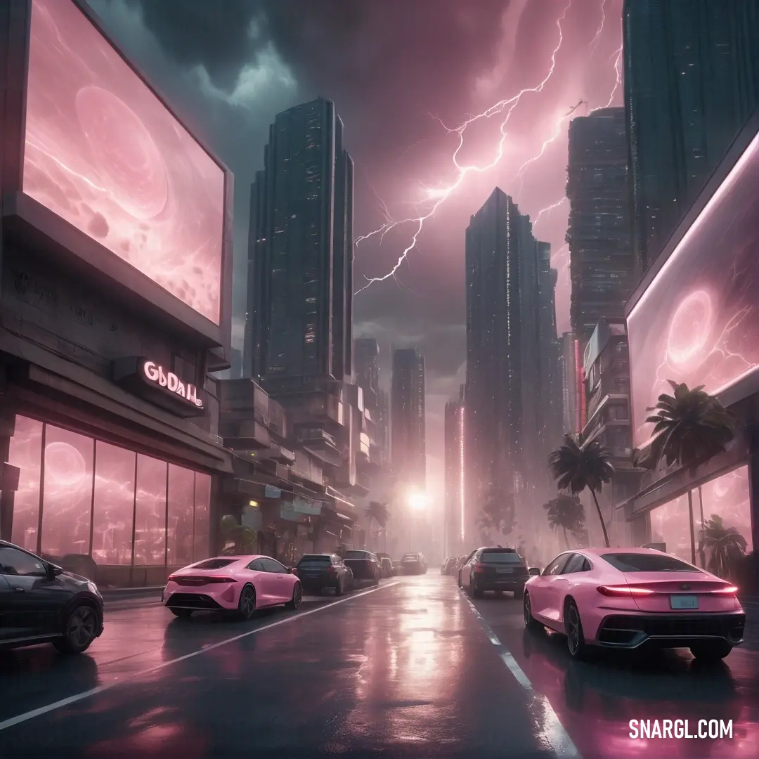 City street with cars and a lot of buildings with lightning in the sky above them