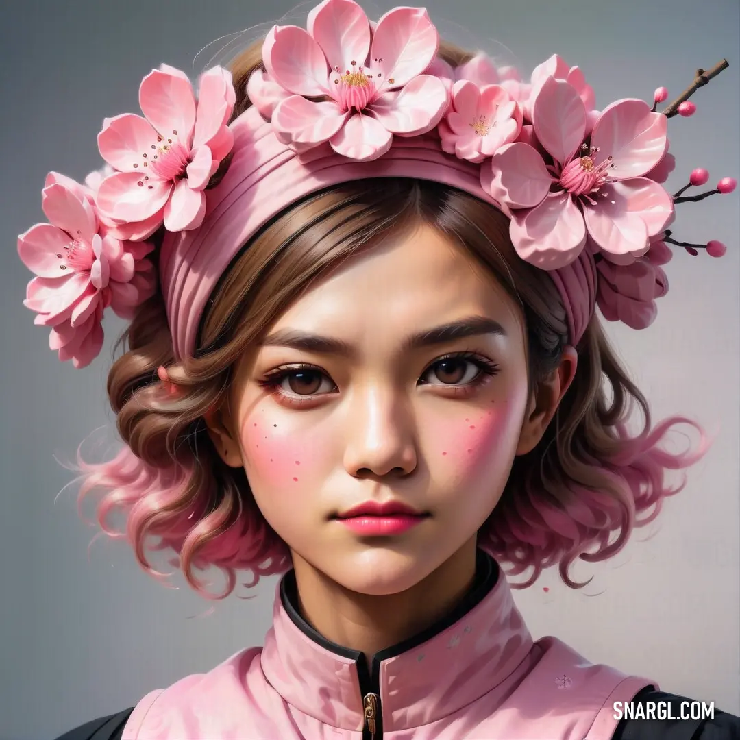 Girl with pink flowers in her hair and a pink dress on her head