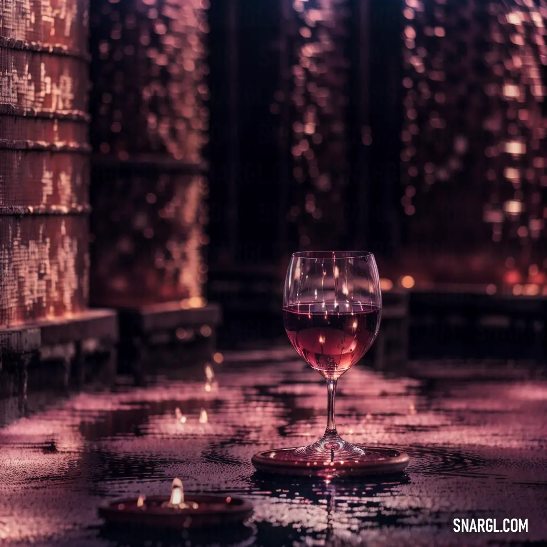 Glass of wine on a wet floor next to a candle holder