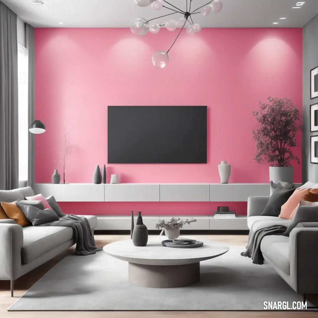 Living room with a pink wall and a white couch and a coffee table. Color #E18E96.