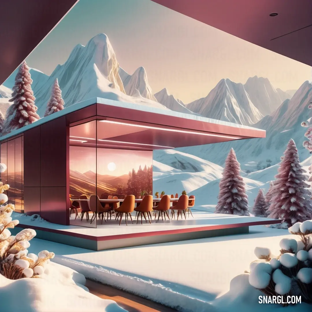 Painting of a dining room in a snowy mountain setting with a view of the mountains and trees. Example of Ruddy pink color.