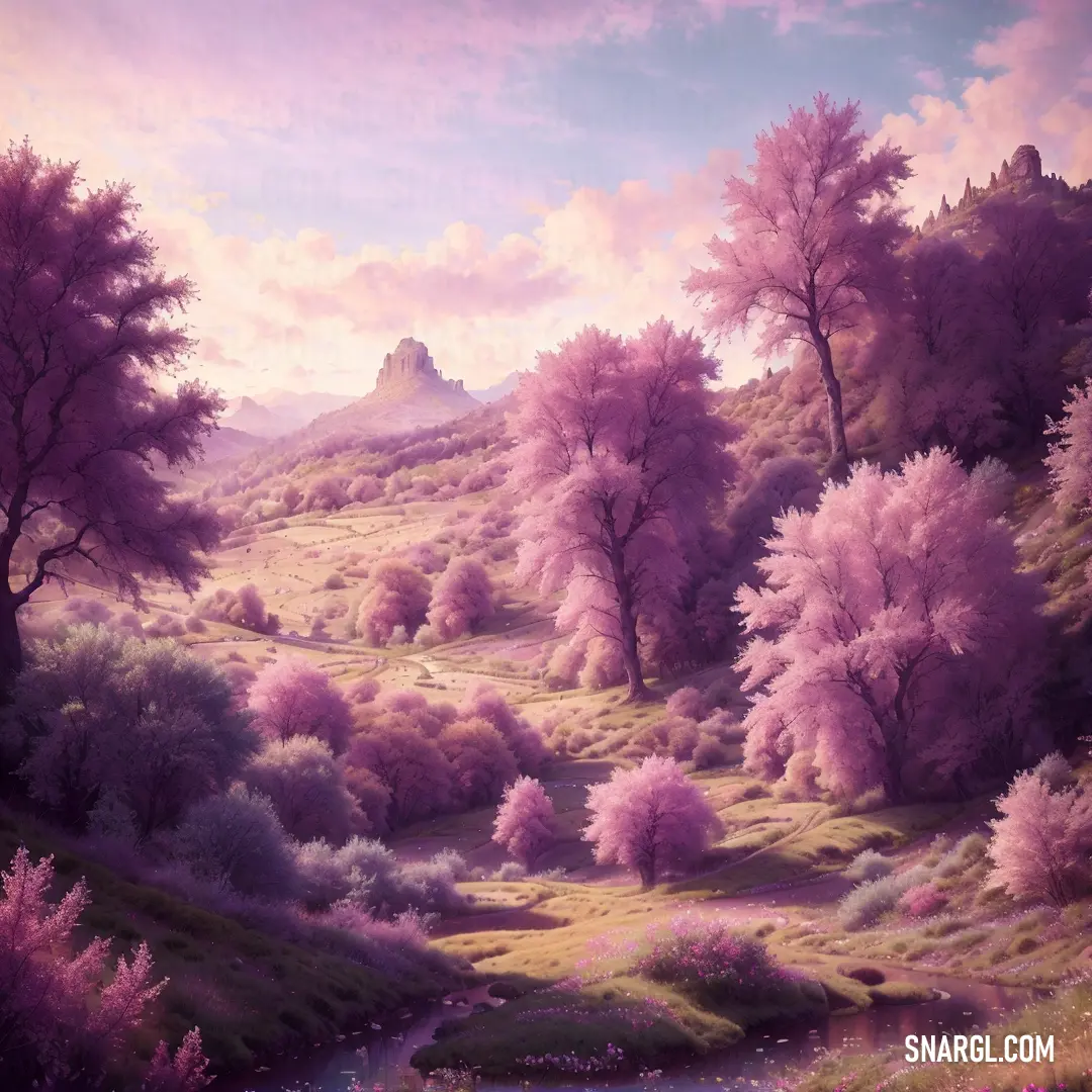 Painting of a river running through a lush green forest with pink trees on the hillside and a mountain in the distance