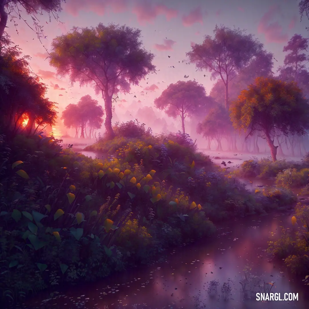 Painting of a river surrounded by trees and flowers at sunset with a foggy sky in the background. Example of CMYK 0,37,33,12 color.