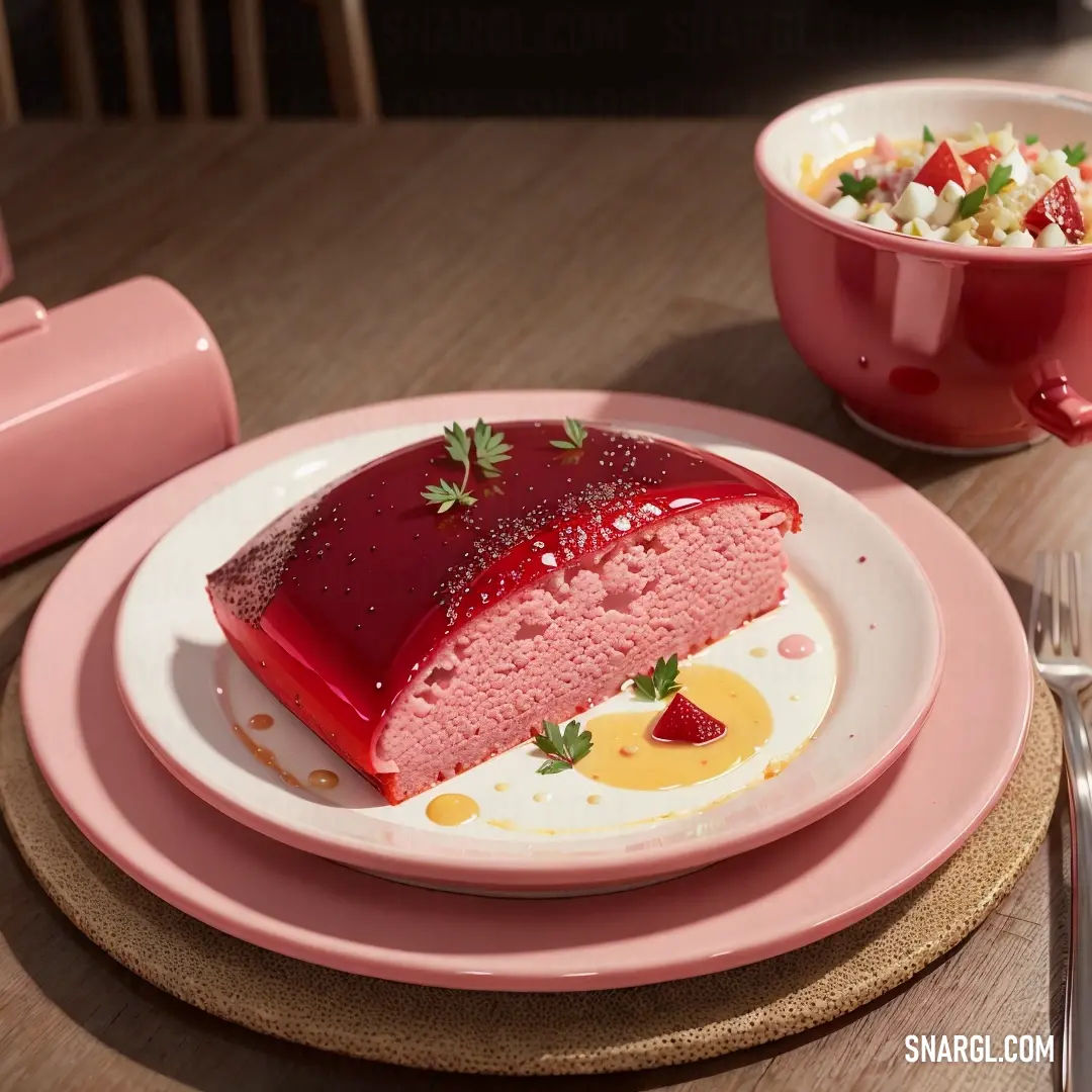 Piece of cake on a plate with a bowl of salad in the background and a pink mug on a table