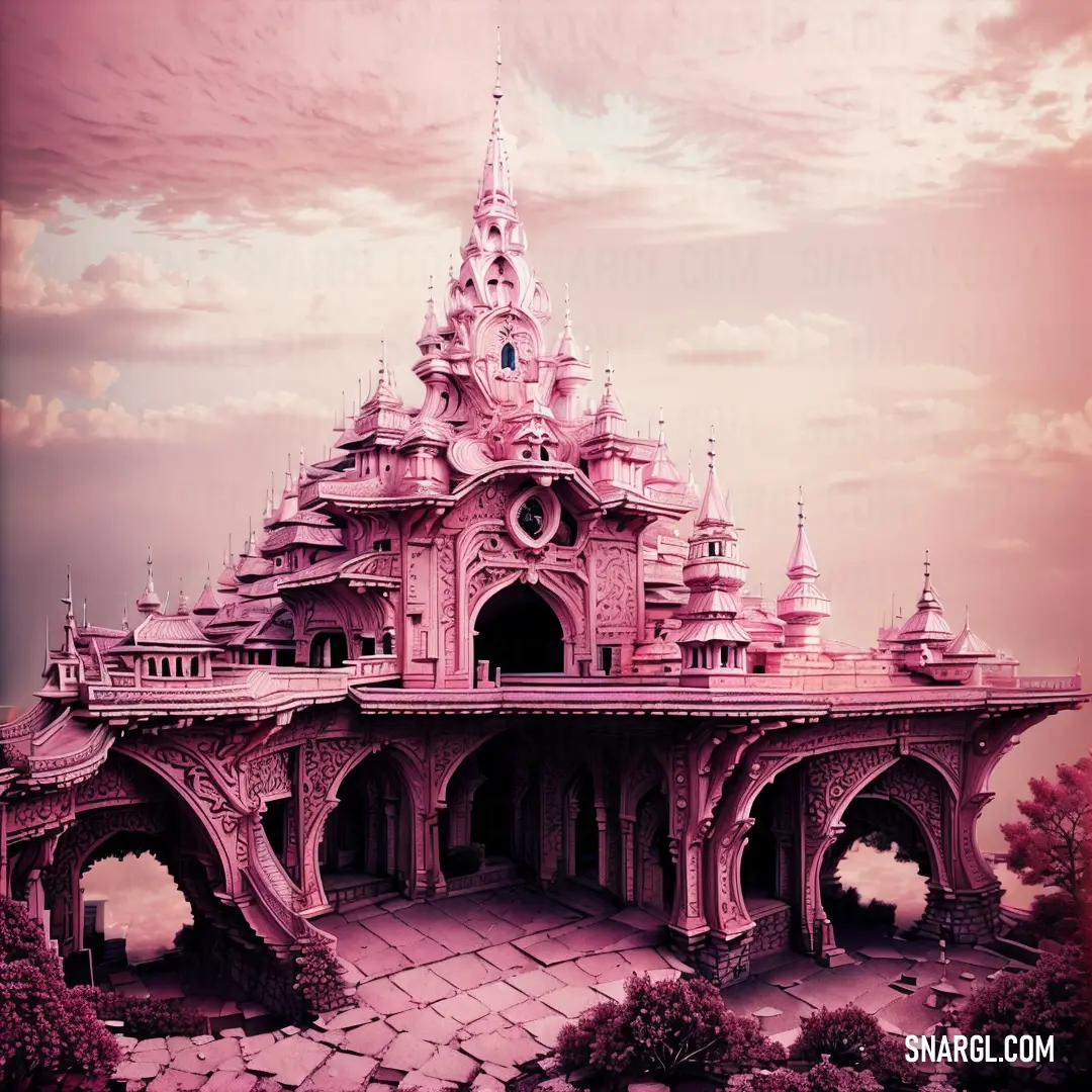 Pink picture of a castle with a clock tower on top of it's roof and a walkway leading to the entrance