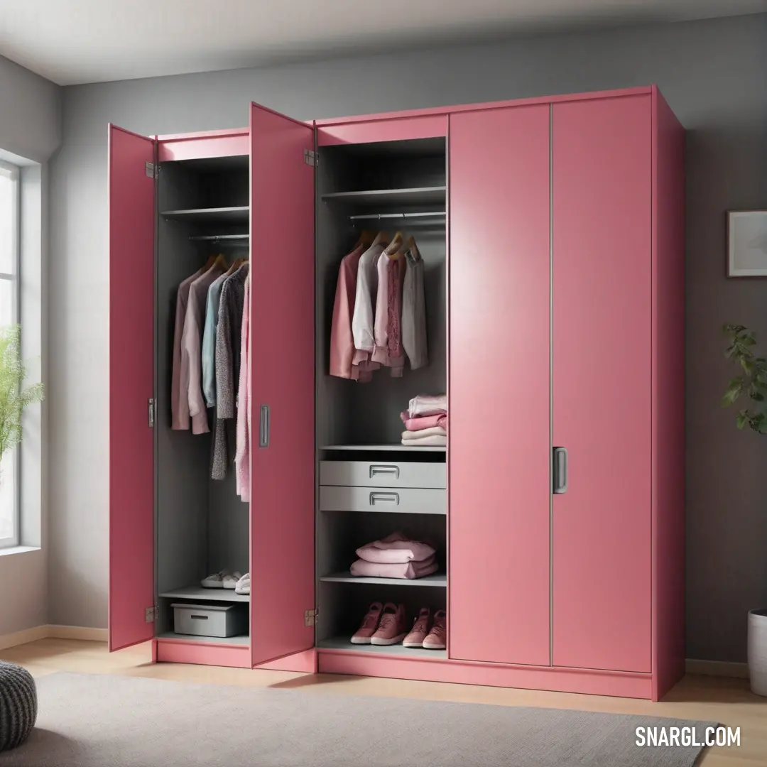 Ruddy pink color. Pink wardrobe with a lot of clothes hanging on it's doors and drawers in a room with a rug