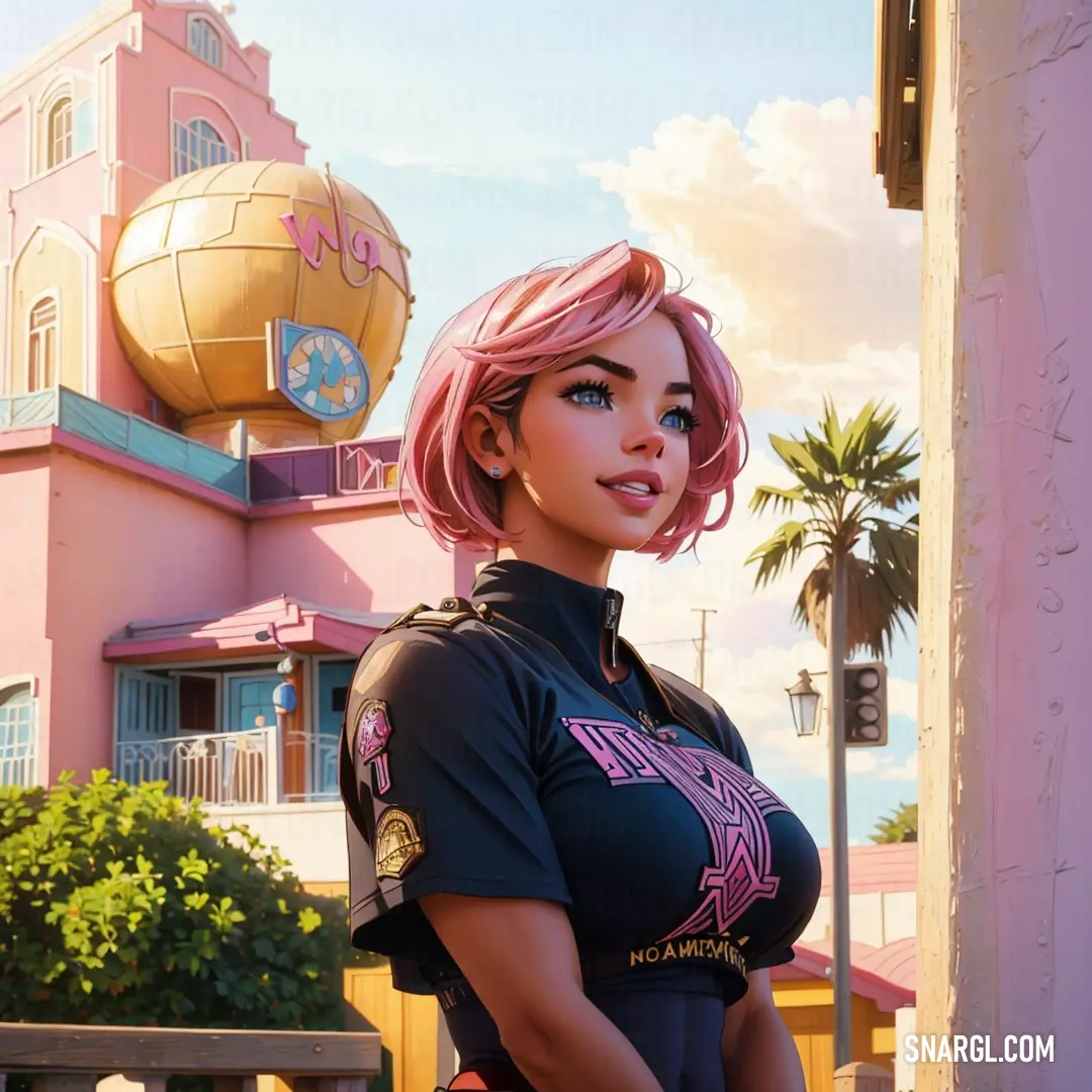 Woman with pink hair standing in front of a pink building with a clock on it's side