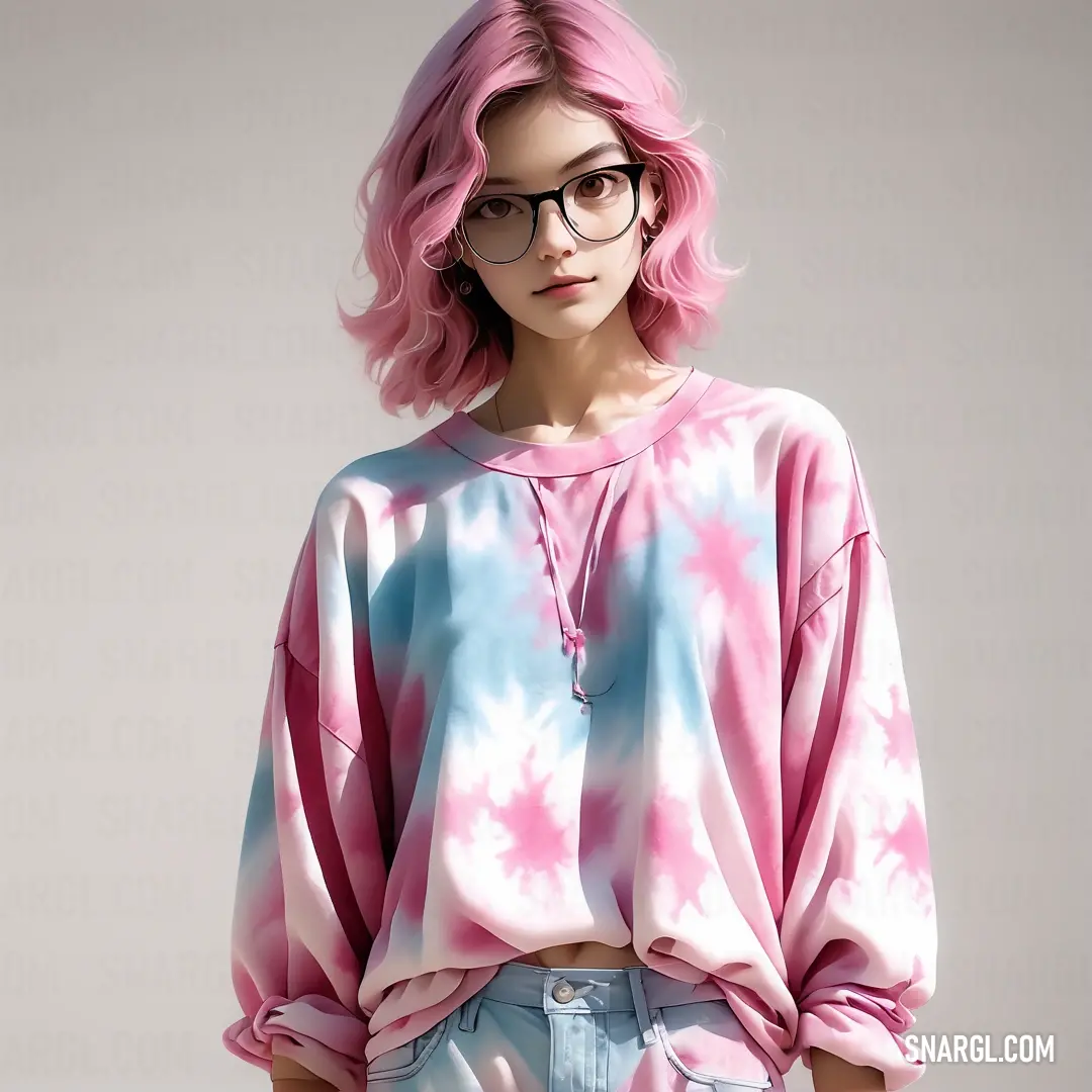 Woman with pink hair and glasses wearing a pink tie dye shirt and jeans with a pink tie dye top. Example of #E18E96 color.