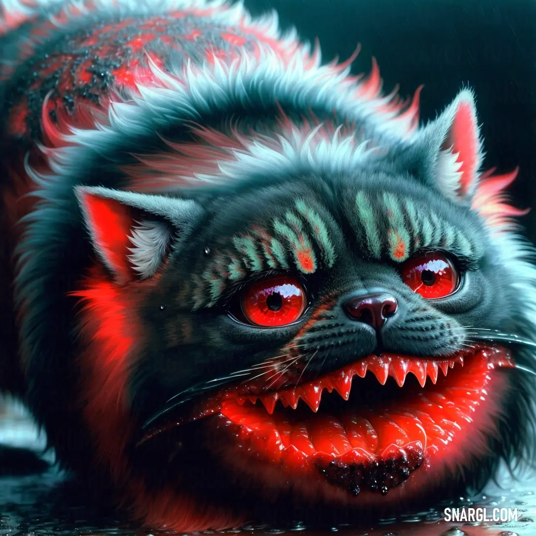 Ruddy color example: Cat with red eyes and a black body with a red mouth and a black tail