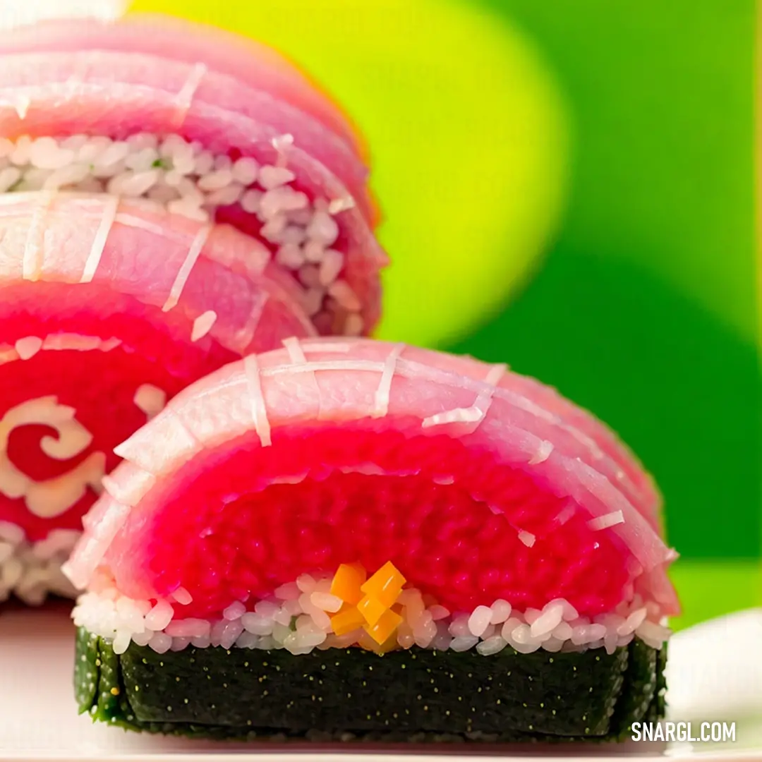 Close up of a sushi with a fork in it's mouth and a green background behind it