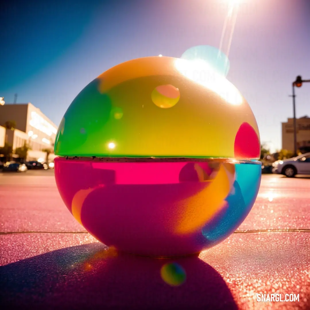 Colorful ball on the ground in a parking lot with a street light in the background