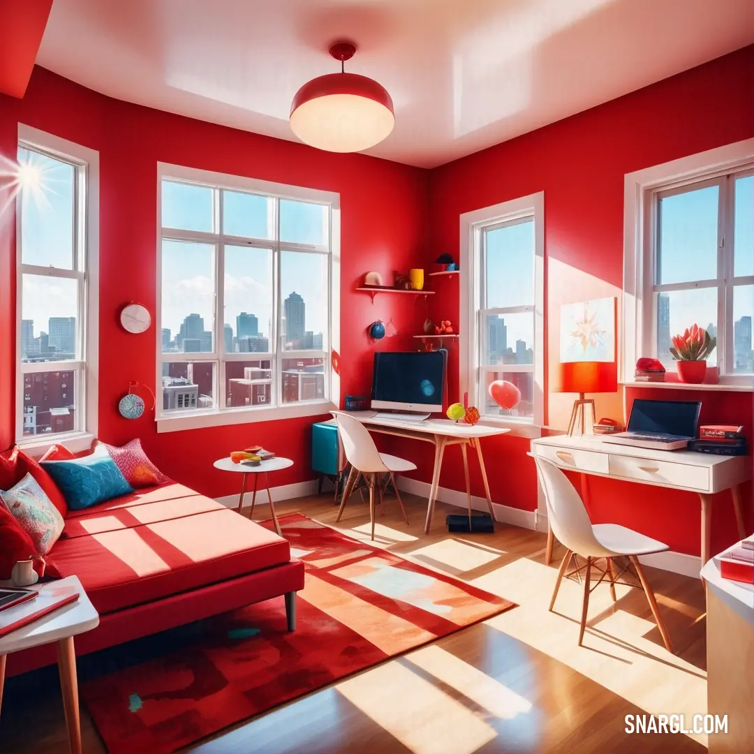 Ruddy color example: Living room with a red couch and a red rug on the floor and a red wall with windows