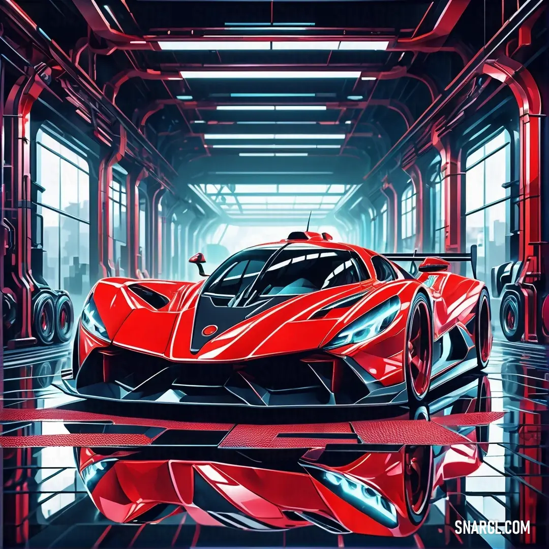 Red sports car in a futuristic building with red lights and a red ribbon around the front of the car. Color RGB 255,0,40.