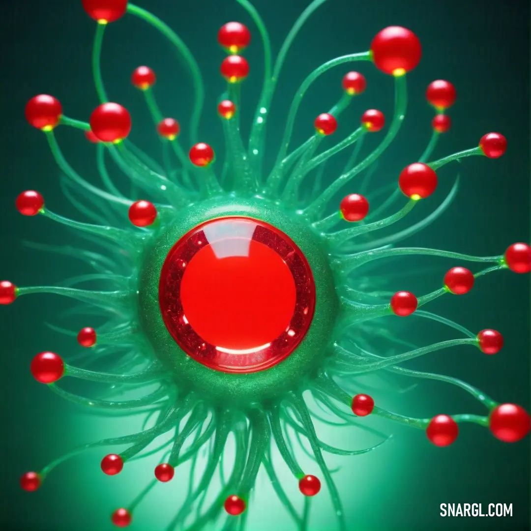 Ruddy color example: Green and red object with red balls on it's center and a green background