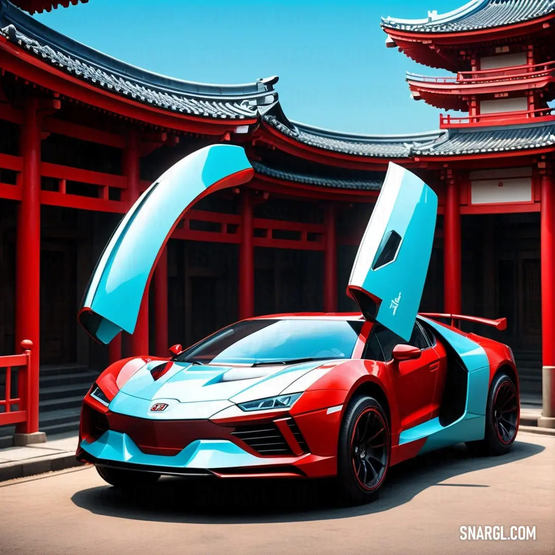 Ruddy color. Red and blue sports car parked in front of a building with a red gate and red lanterns on the roof
