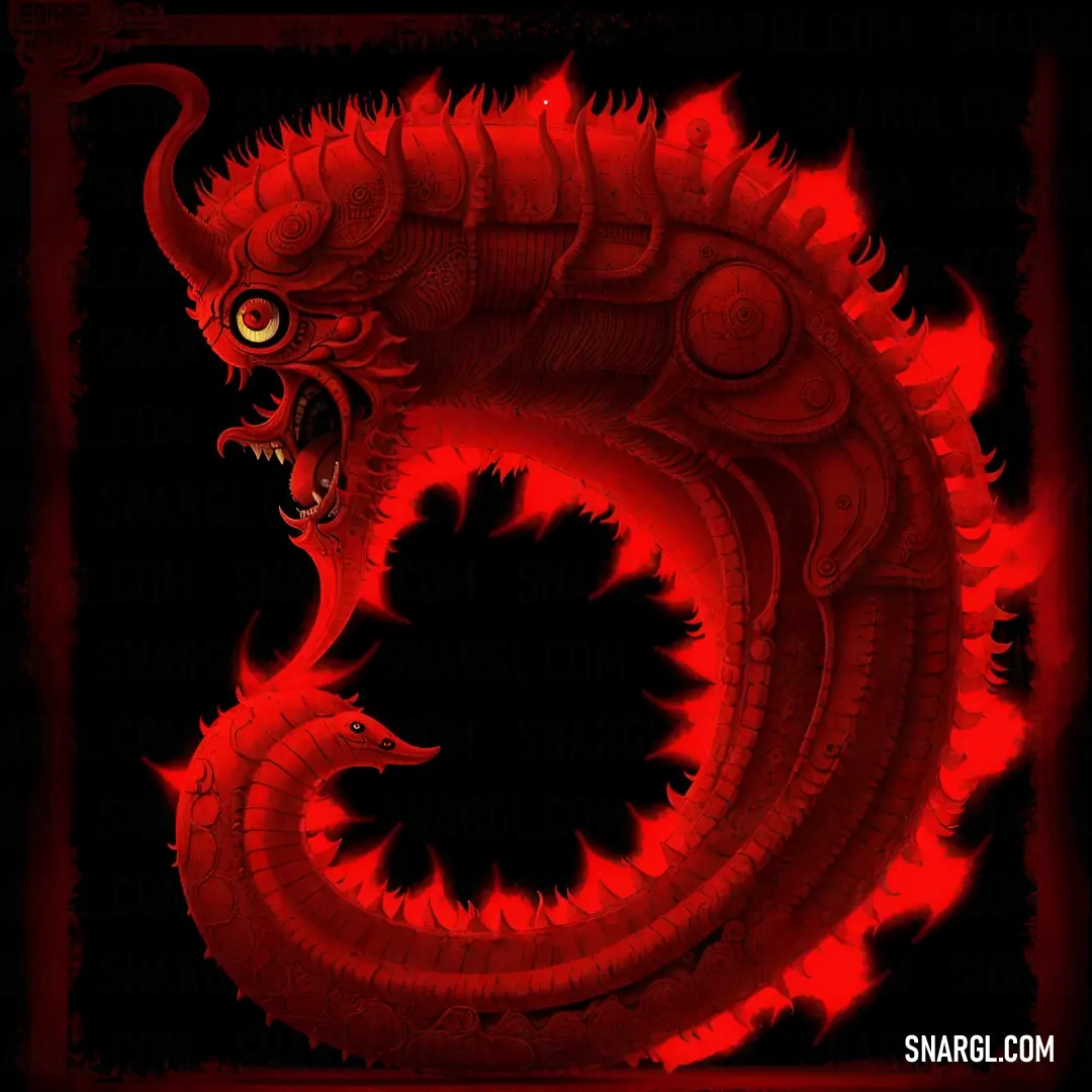 Red dragon with a black background. Color RGB 255,0,40.