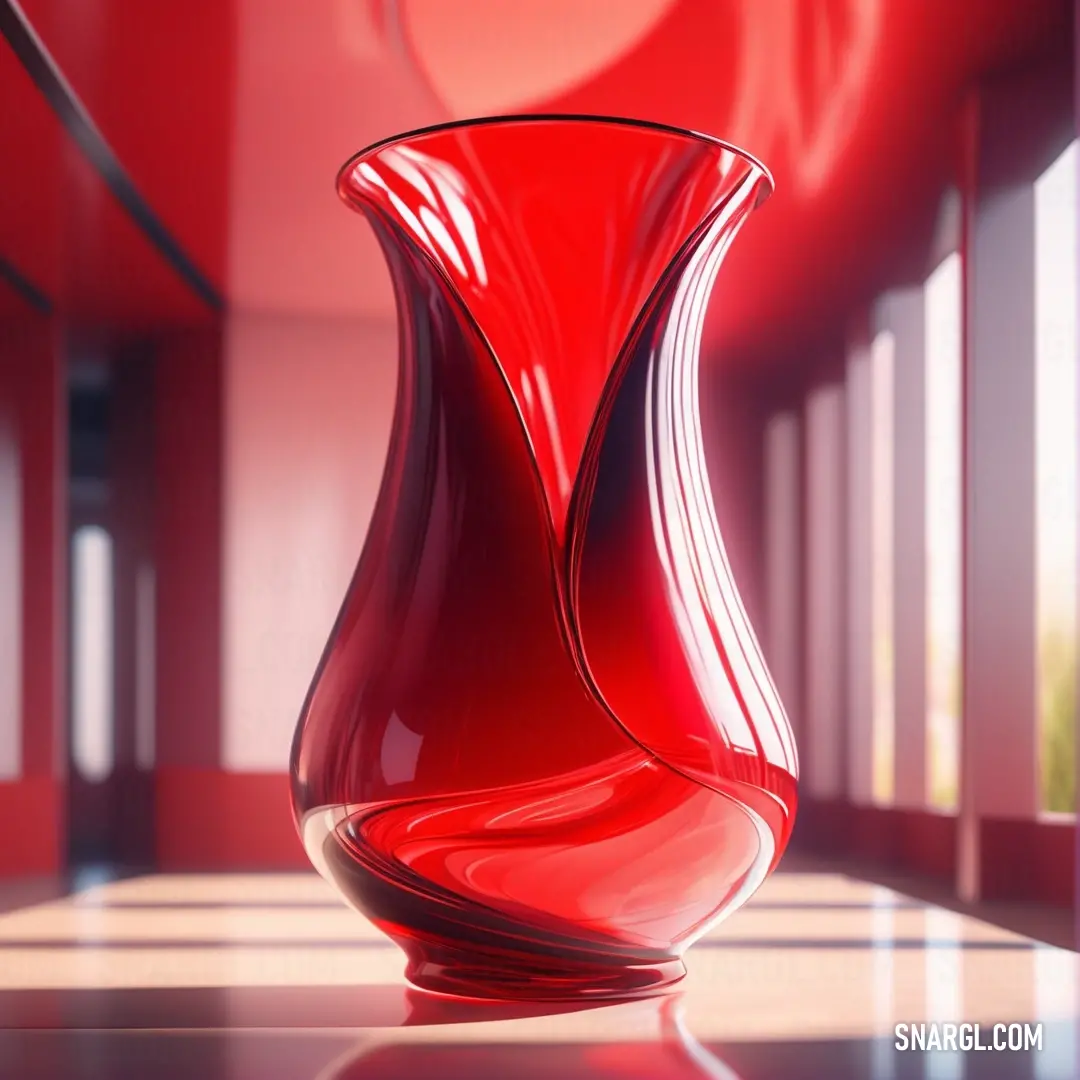 Red vase on a table in a room with red walls and windows behind it is a curved curved glass vase. Color #FF0028.