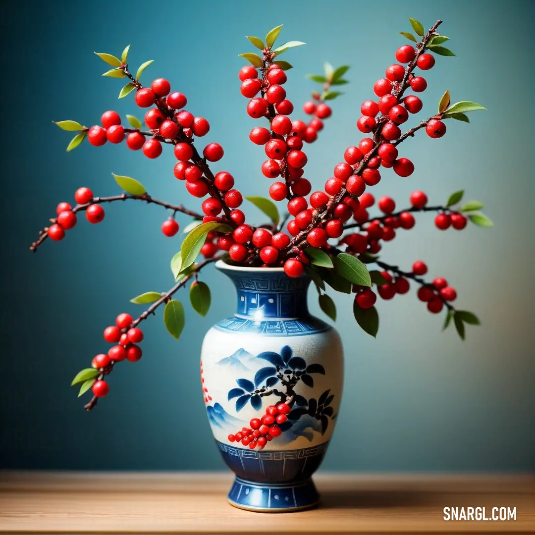 Vase with berries on a table with a blue background. Color CMYK 0,100,84,0.