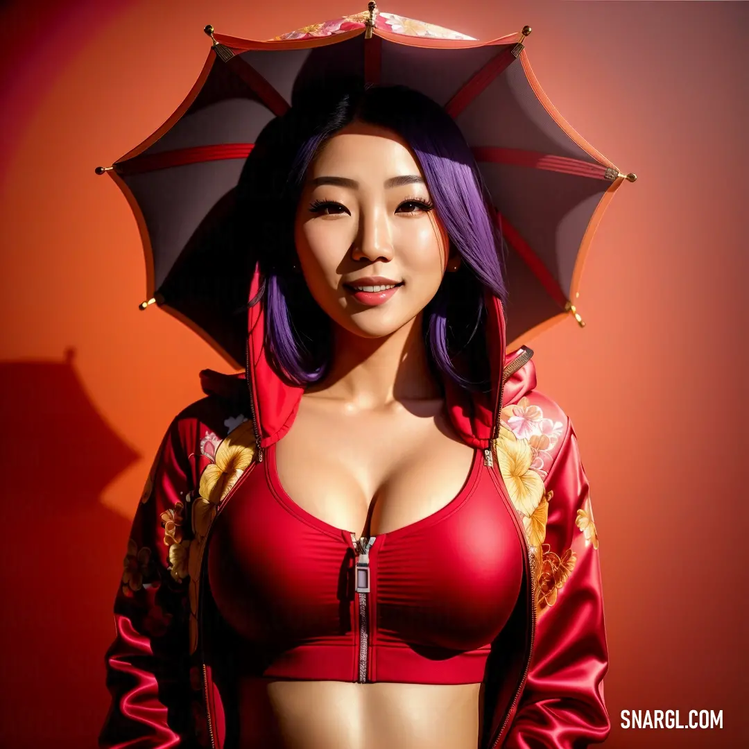 Woman with purple hair wearing a red bra and a black umbrella over her head
