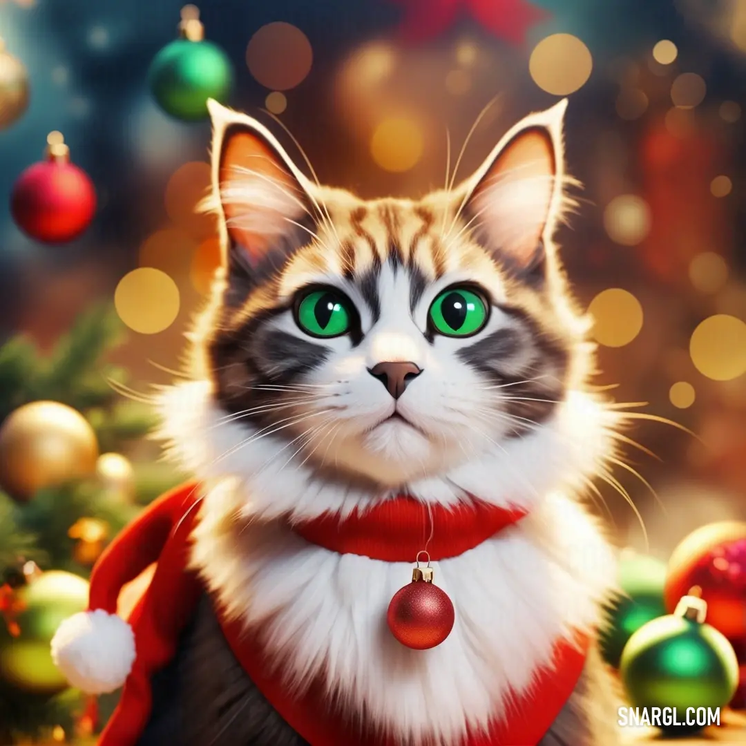 Cat wearing a red scarf and a christmas ornament around its neck and eyes. Color CMYK 0,83,96,34.