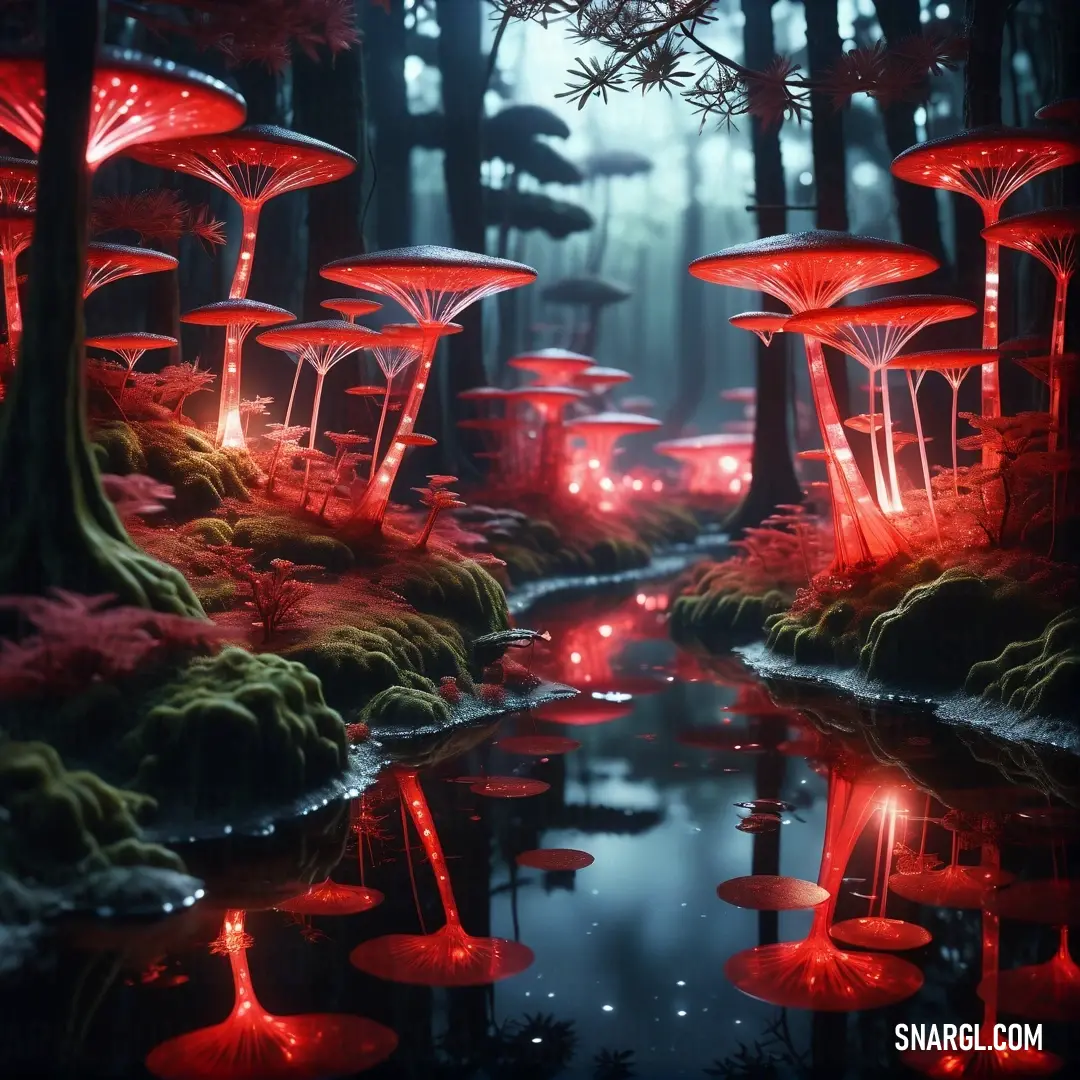 Rufous color. Group of red lights in a forest with trees and water in the foreground
