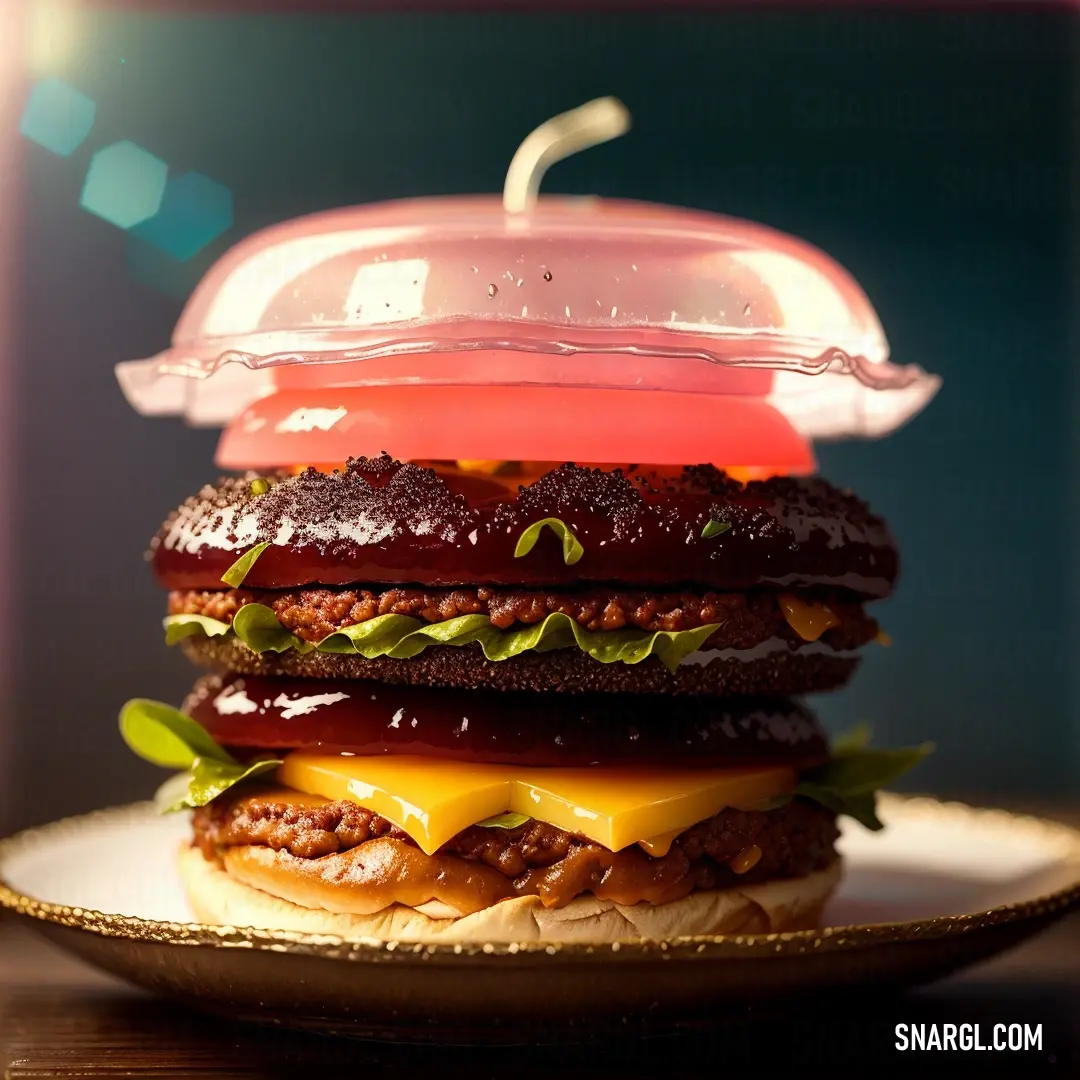 Hamburger with a large hamburger on top of it on a plate with a candle in the middle of it