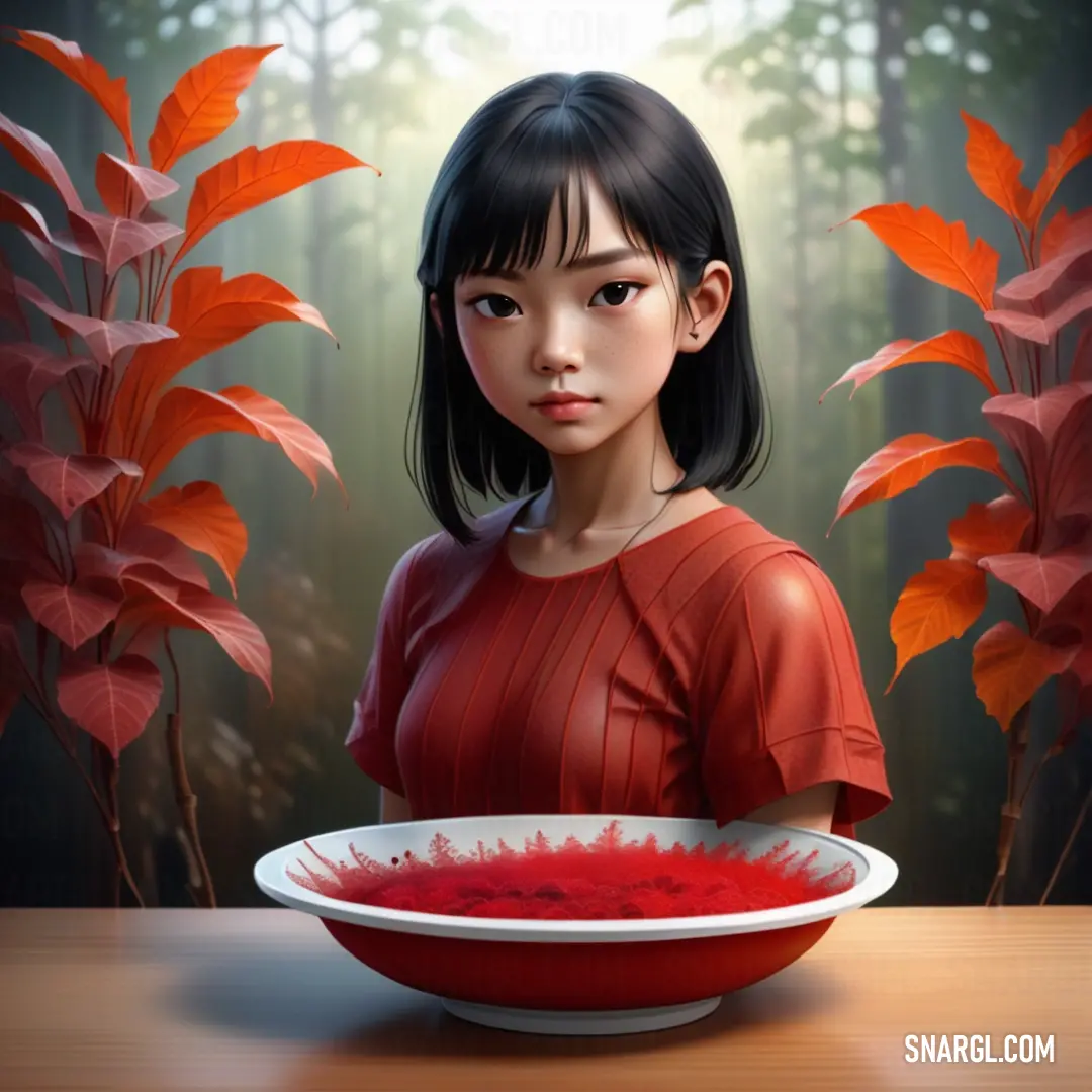 Painting of a girl in a red dress holding a bowl of red liquid in front of her face. Color #A81C07.