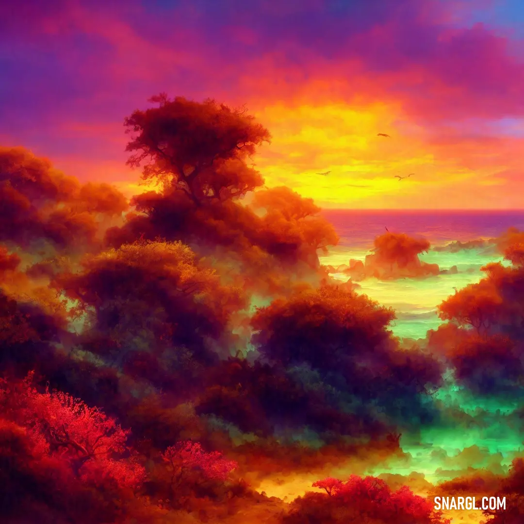 Painting of a sunset with clouds and trees in the foreground and a bird flying in the distance