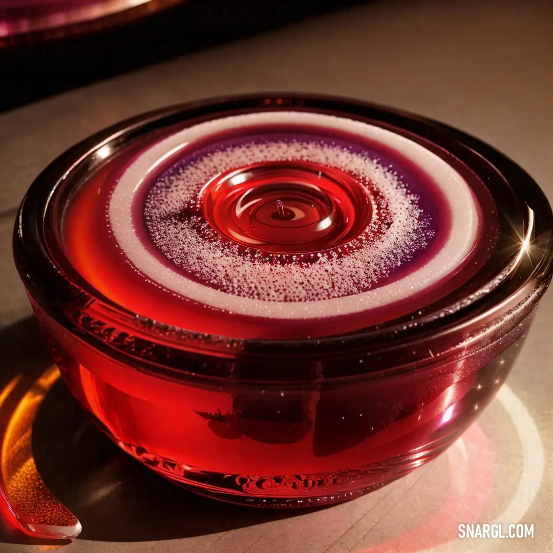 Red glass container with a spoon on a table next to it and a mirror behind it that has a circular design on it