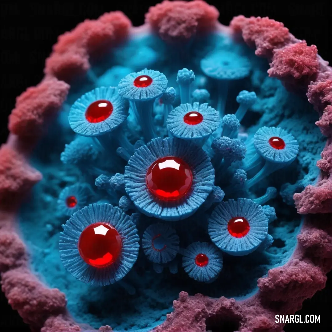 Close up of a coral with red and blue corals on it's surface and a black background. Example of Rufous color.