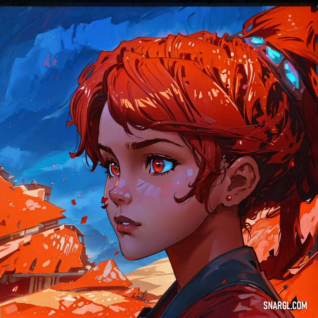 Girl with red hair and blue eyes stares into the distance. Color #A81C07.
