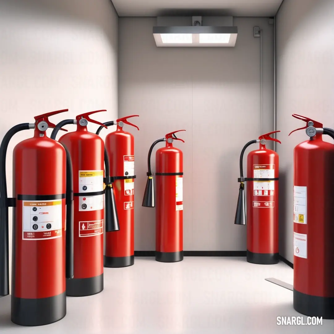 Group of red fire extinguishers in a room with a white wall and a light above them. Color #A81C07.