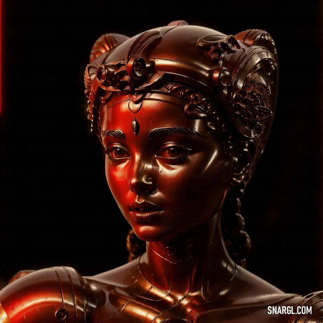 Statue of a woman with a red dress and a gold headpiece on her head and a black background