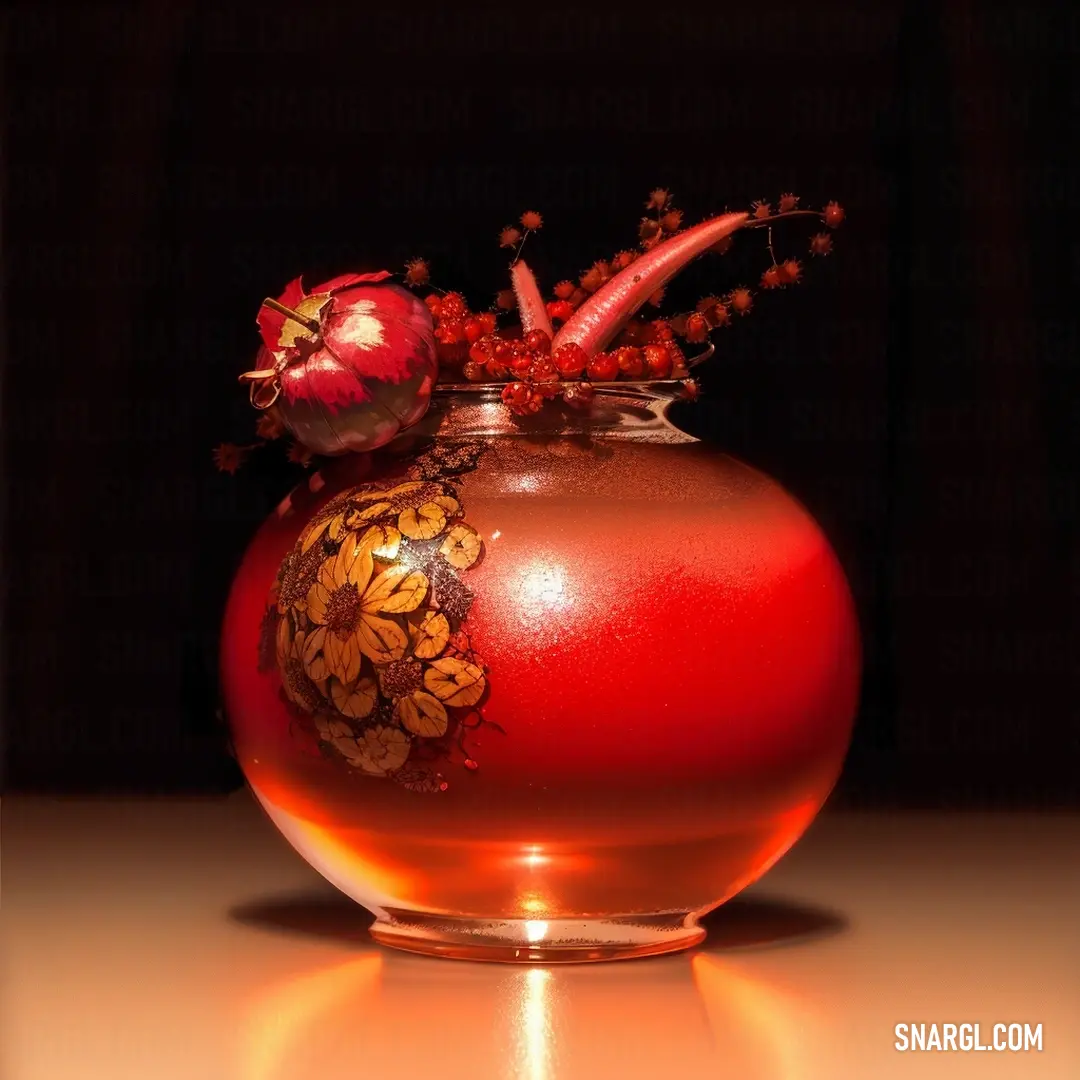 Vase with a red flower and a red apple on top of it on a table with a black background