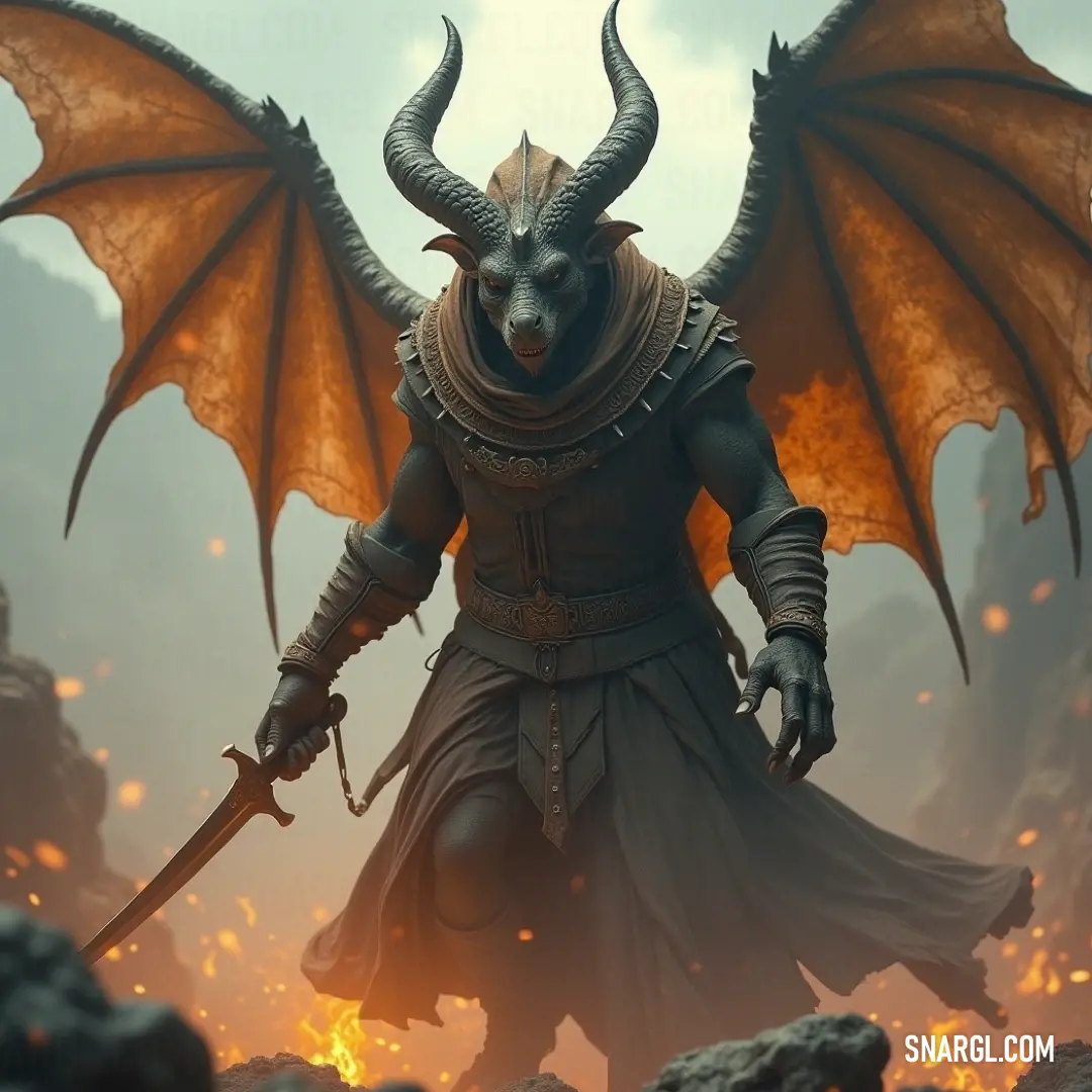 A demonic warrior, the Ruin Guardian, stands with sword raised on a jagged rocky surface, flames roaring in the background, adding intensity to his ominous and imposing stance. The Demonic Ruin Guardian, armored and fierce, stands upon a rocky surface with a sword drawn. The fiery backdrop adds to the tension, highlighting his role as a fierce protector in this apocalyptic setting.