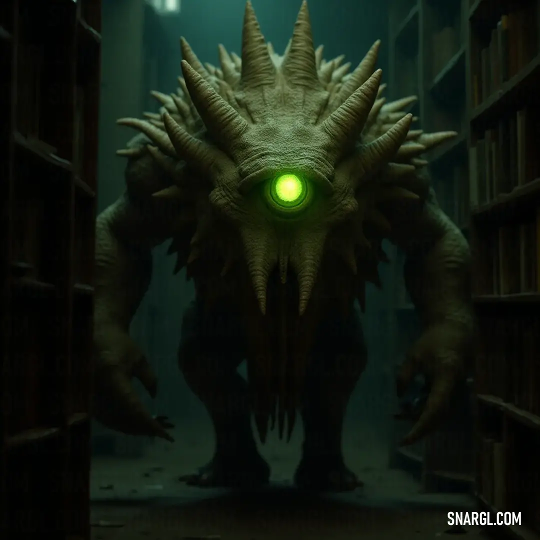 Ruk amidst the shadows of knowledge in a dim library. Ruk, with gleaming eyes, stands in a dimly lit room filled with towering bookshelves, a beam of light illuminating its head, suggesting a moment of wisdom gained, surrounded by the whisper of forgotten knowledge.