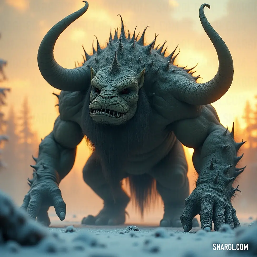 A fierce Ruk with prominent horns and colossal teeth, striking a menacing pose in a snowy environment, contrasted against a backdrop of thick trees that heightens its intimidating yet awe-inspiring presence.