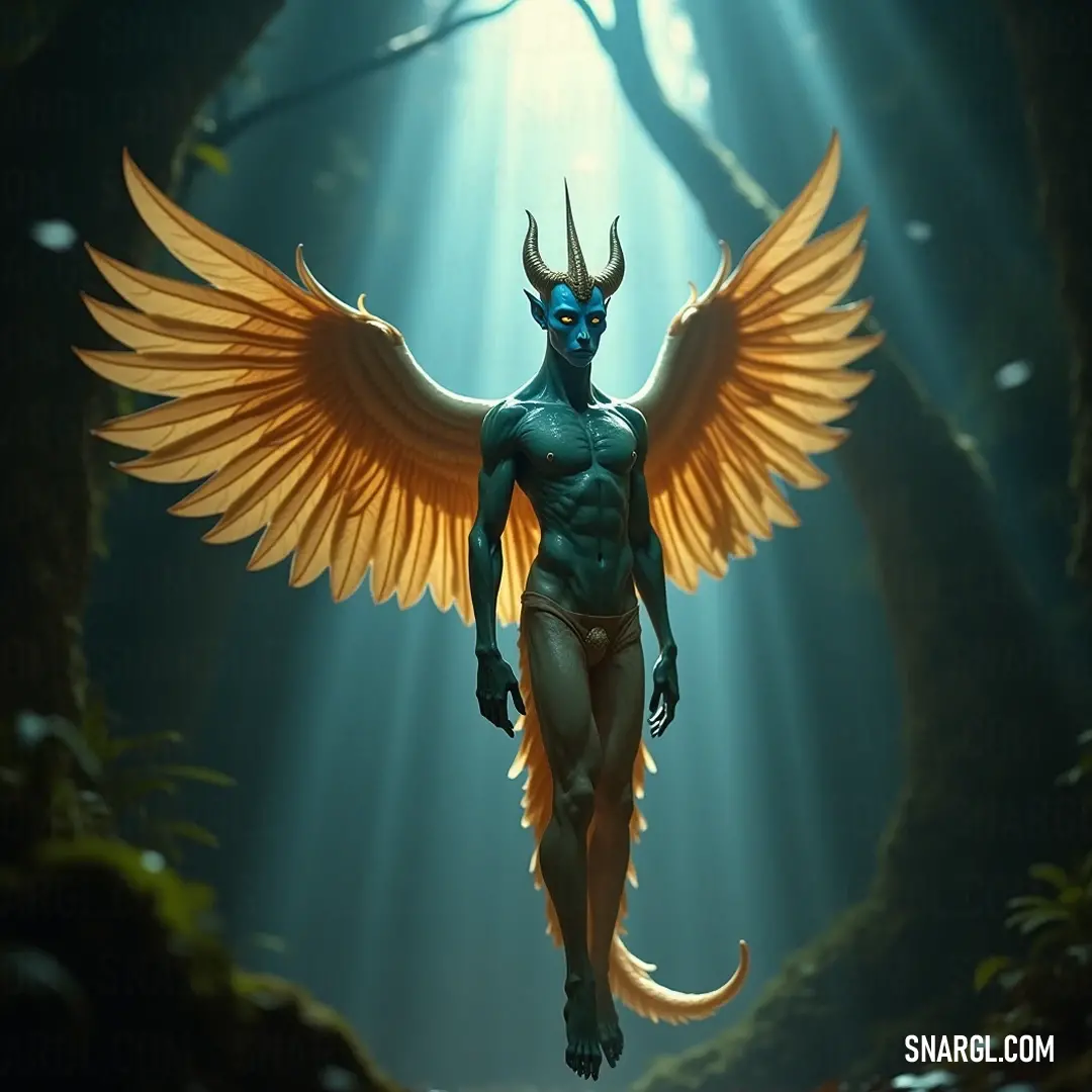 Behold Rukh, the winged entity, gracefully poised in a sun-dappled forest, where beams of light weave through the trees, illuminating his mesmerizing presence. Rukh, a majestic being adorned with magnificent wings, stands in a sunlit forest, his demon-like form harmonizing with the ethereal light filtering through the lush green foliage, creating a serene and enchanting ambiance.