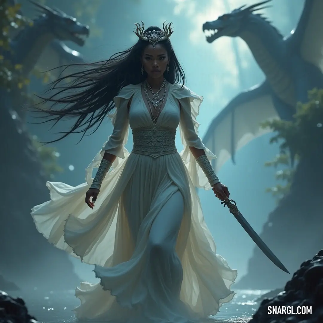 A figure in a white dress with a sword stands in a mystical forest, a dragon looming behind her. A woman in a flowing white dress stands tall, holding a sword with a dragon coiled behind her in a magical forest. The scene is filled with towering trees and rocky terrain, enhancing the mystical energy.