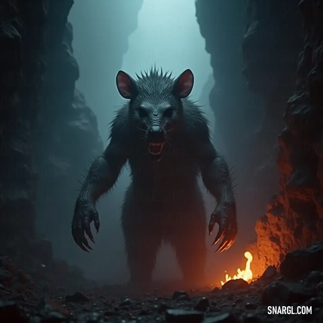 An unsettling entity with a fearsome face strides through a cavern, illuminated by the fiery glow of lava, crafting a dramatic and adventurous atmosphere. A creature with an intimidating visage and clawed hands ventures through a treacherous cave, where lava glows ominously in the backdrop, painting a vivid scene of danger and adventure.