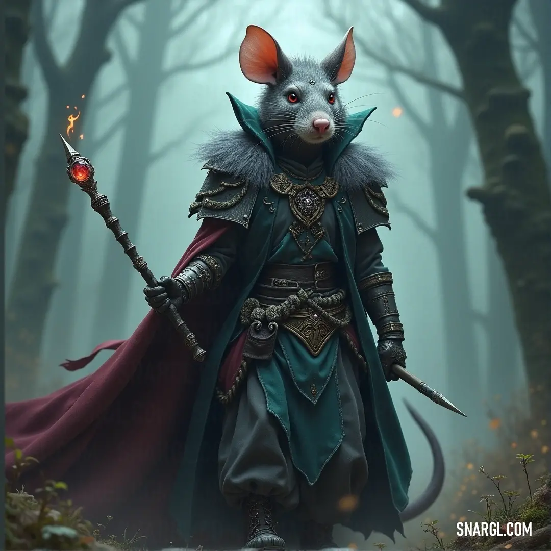 A small, brave mouse dressed for battle, holding a sword in a foggy forest where new adventures await. A mouse, dressed in a detailed costume, stands in a forest with a sword in hand, ready to embark on a heroic journey. The surrounding trees and fog create an atmosphere of adventure and untold stories.