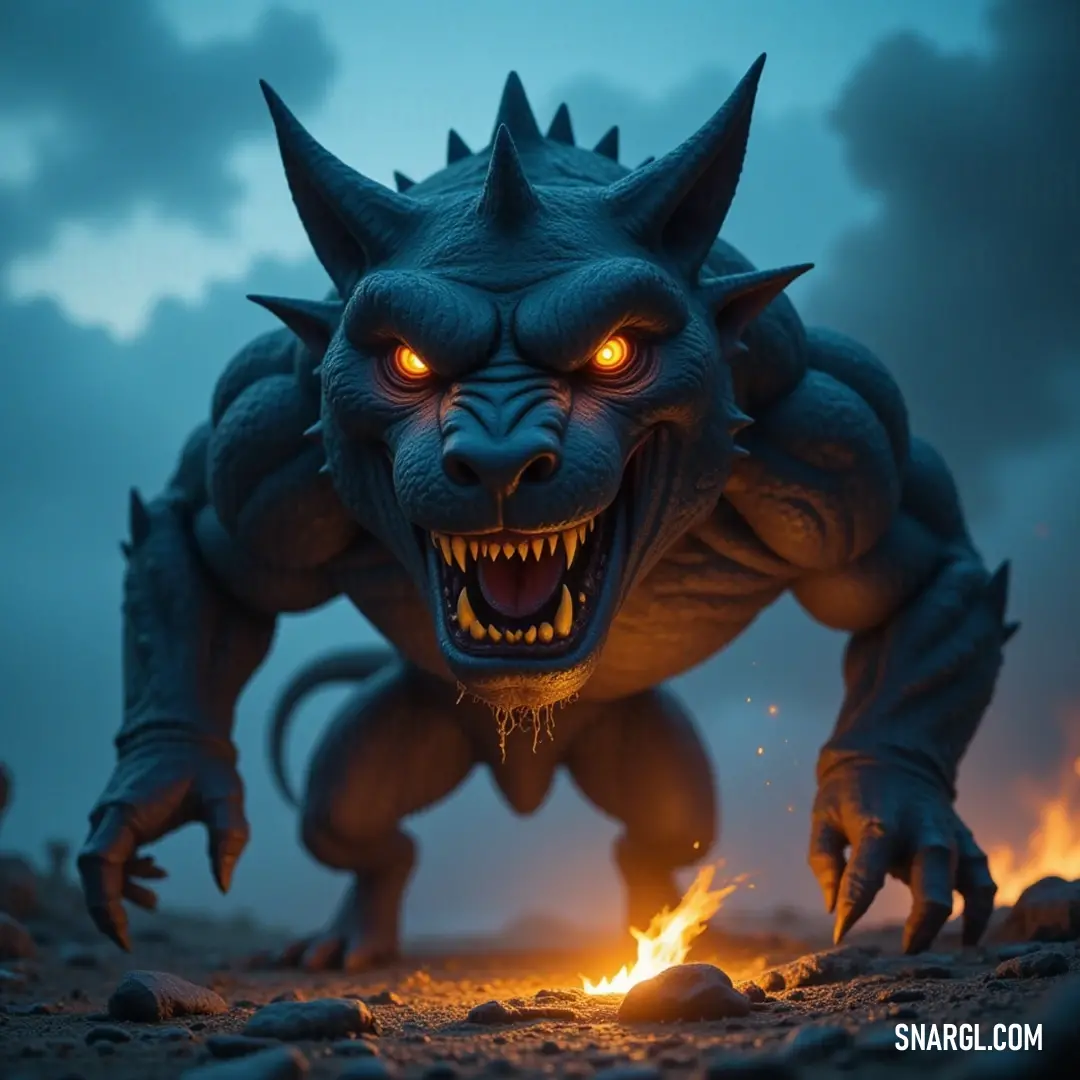 A menacing demonic creature with glowing eyes and fearsome fangs stands boldly, the crackling flames in the background adding an element of danger and allure.